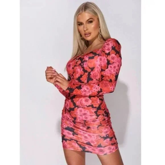 Black Floral Print Long Sleeve Square Neck Ruched Bodycon Mini Dress - Picture 10 of 15